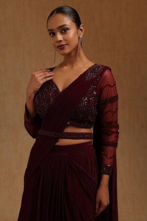 Wine Spandex Solid Ready To Wear Saree