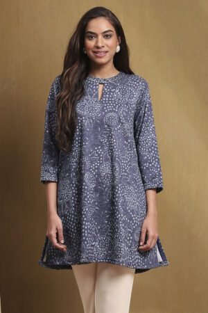 Ink Blue Knitted Block-Print Winter Wear Short Kurta