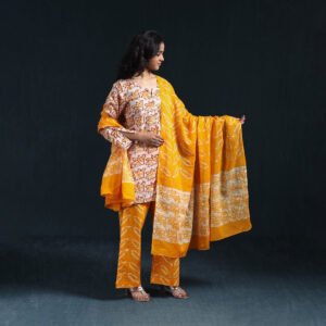 Yellow - Hand Block Batik Print Cotton Suit Set With Dupatta For Women 03