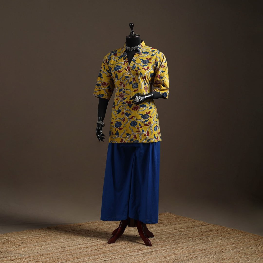 Yellow - Hand Embroidered Printed Cotton Short Kalamkari Kurta For Women 22