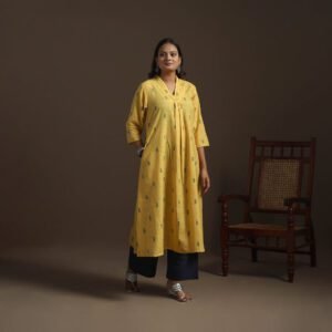 Yellow - A-Line Cotton Hand Embroidered Jacquard Kurta For Women 10