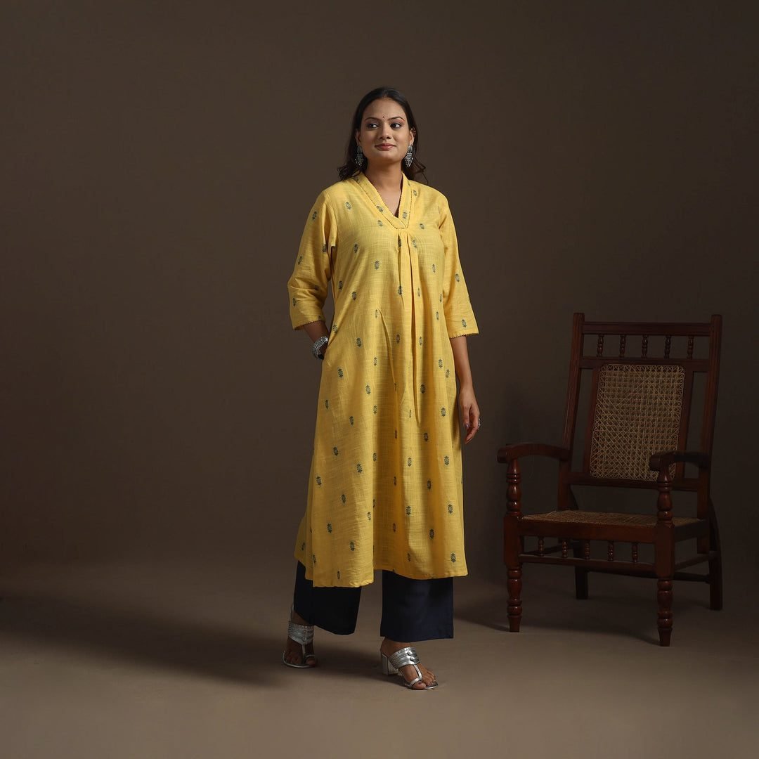 Yellow - A-Line Cotton Hand Embroidered Jacquard Kurta For Women 10