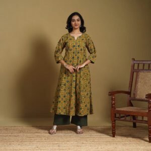 Yellow - Natural Dyed Cotton A-Line Hand Block Print Ajrakh Kurta 04