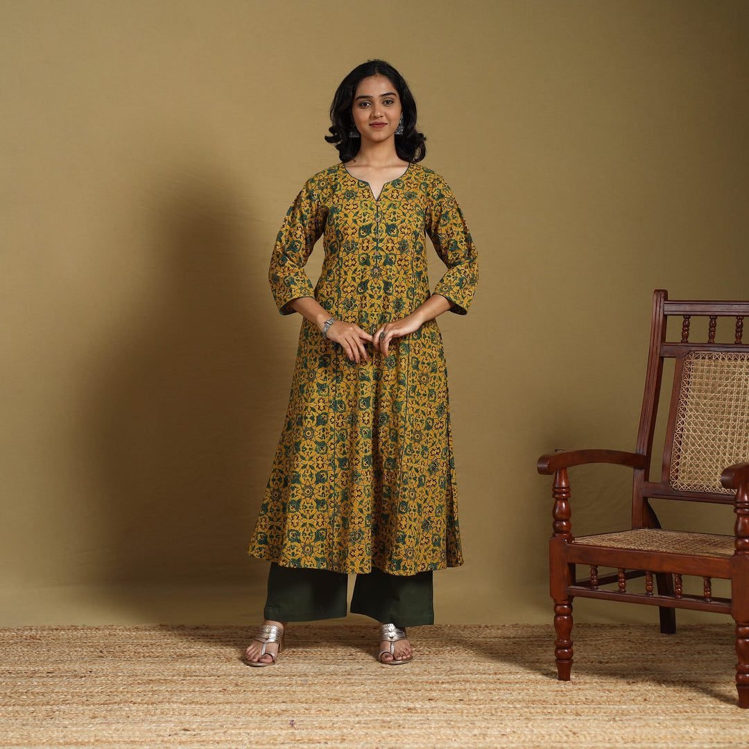 Yellow - Natural Dyed Cotton A-Line Hand Block Print Ajrakh Kurta 04