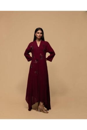 Maroon Pleated Dress With Embroidered Detailing