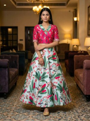 Women'S Pink Satin Digital Print Umbrella Croptop Lehenga Choli