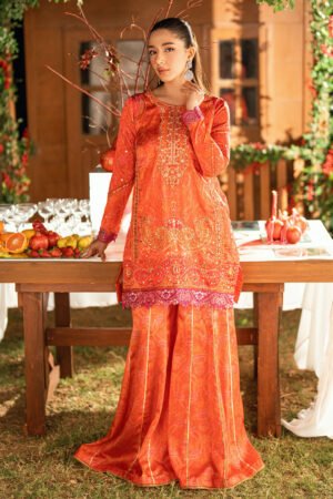 Ss26da-2916 Orange -Silk Tunic- 2pcs Hand Embellished  Shirt With Trouser