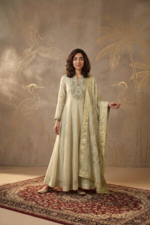 Cream Tissue Anarkali With Banarasi Dupatta