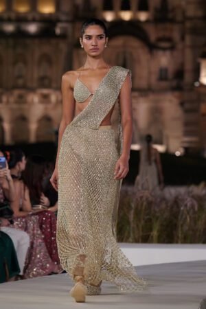 Kimbra Macrame Pre-Draped Saree - Gold
