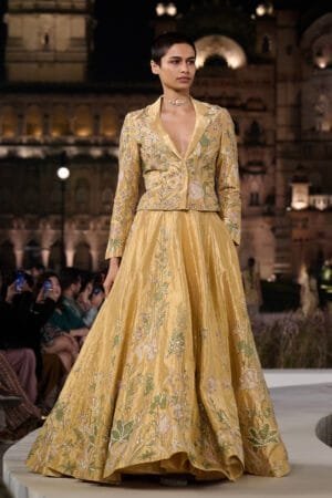 Summerfern Embroidered Applique Silk Lehenga Set - Gold