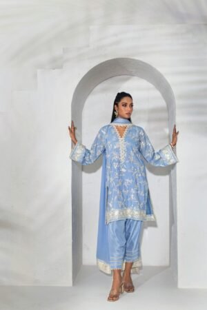 Powder Blue Floral Threadwork Kurta Set