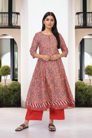 Red Geometric Printed Anarkali Cotton Kurta With Parallel Pant Set