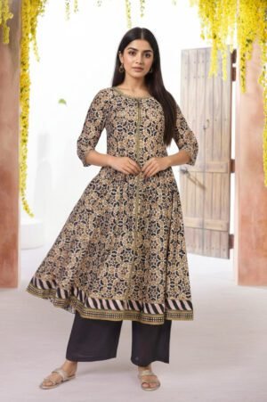 Beige Geometric Printed Embroidered Anarkali Cotton Kurta With Parallel Pant Set