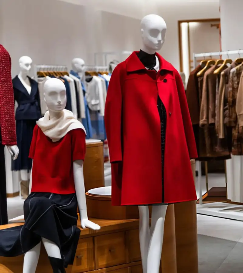 Mannequins in a clothing store display a bright red wool coat and a red knit top for a festive seasonal look.