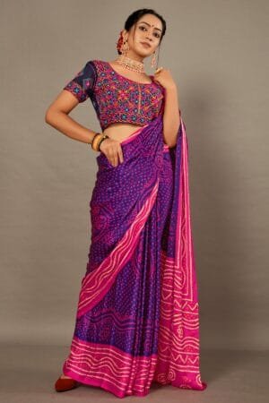 Blue With Rani Pink Bandhej Soft Silk Saree With Hand Work Over Blouse