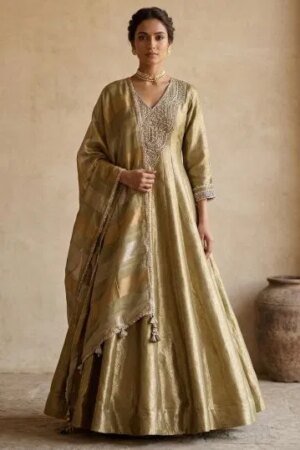 Green Zari Embroidered Tisssue Anarkali Suit With V Neck-Jk3433