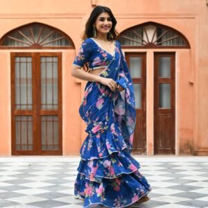 Bunaai Blue Floral Fusion Saree