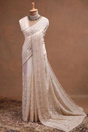 White Thread Embroidered Designer Georgette Saree With Unstitched Blouse-Jf4943