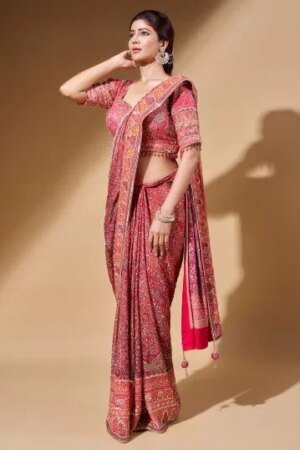 Orange Printed Crepe Saree With Readymade Half Sleeves Blouse-Sr27851