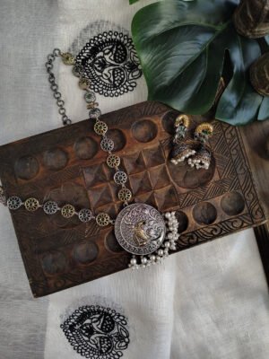 Dual Tone German Silver Necklace With Jhumkas