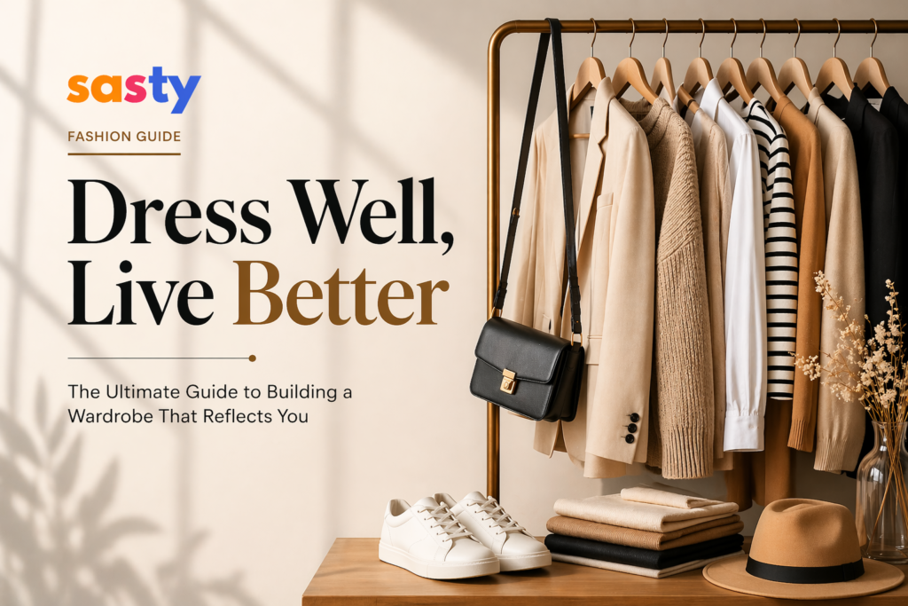 A Sasty Fashion Guide display of neutral capsule wardrobe clothing, sneakers, and accessories.