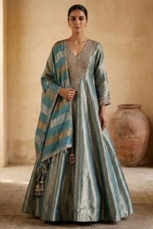 Sea Blue Zari Woven Tisssue Anarkali Suit With V Neck-Jk3435