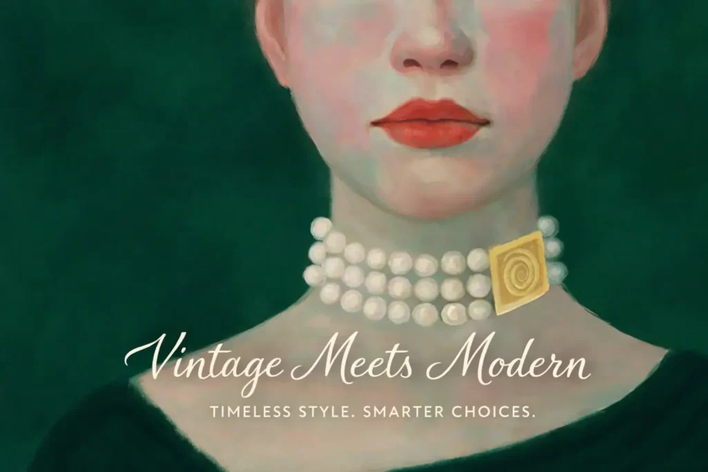 Close-up painting of a woman wearing a triple-strand pearl choker with a vintage gold square clasp, styled with a modern black dress, showcasing a mix of fashion eras.