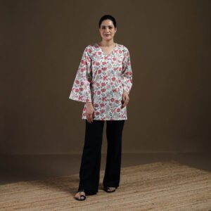 White - Sanganeri Hand Block Print Cotton Short Kurta For Women 05