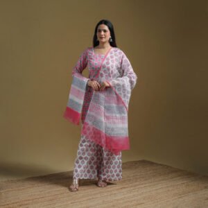 Pink - Sanganeri Hand Block Print Cotton Suit Set With Dupatta For Women 29