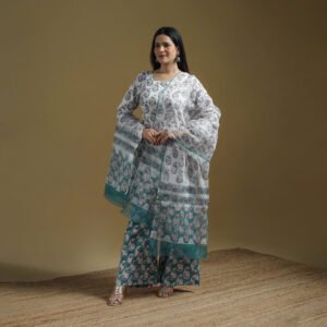 Green - Sanganeri Hand Block Print Cotton Suit Set With Dupatta For Women 30