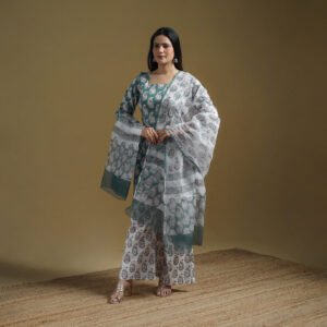Green - Sanganeri Hand Block Print Cotton Suit Set With Dupatta For Women 31