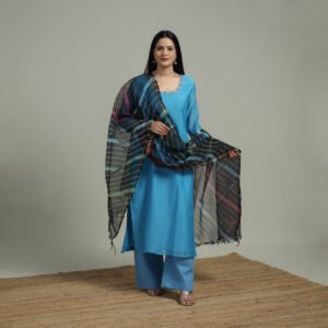 Blue - Plain Handloom Mul Chanderi Silk Hand Embroidered Suit Set With Dupatta For Women 10