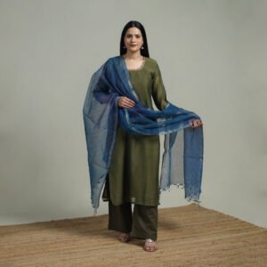 Green - Plain Handloom Mul Chanderi Silk Hand Embroidered Suit Set With Dupatta For Women 08