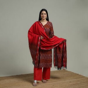 Pochampally Ikat Cotton Suit Set With Dupatta For Women 11