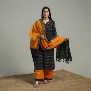 Pochampally Ikat Cotton Suit Set With Dupatta For Women 14