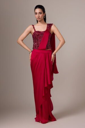 Wine Magenta Pre Stitched Draped Saree S...