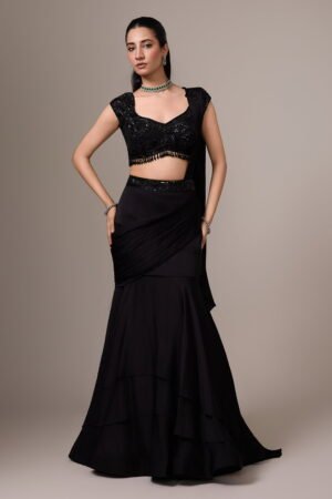 Raven Black Pre Stitched Saree Set And A...