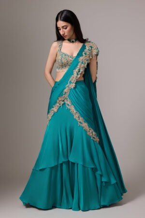 Aqua Blue Tiered Pre Stitched Saree Set ...