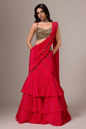 Cherry Red Tiered Pre Stitched Saree Set...