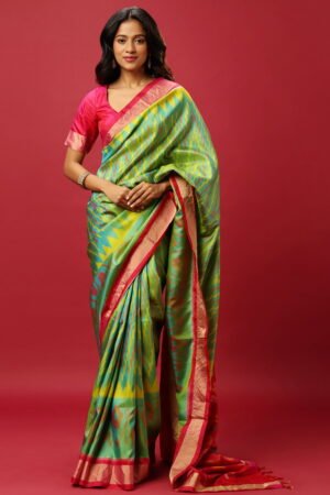 Green Two Toned Ikat Classic Saree Set W...