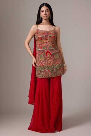 Deep Red Sharara Pant Set And A Multi Co...