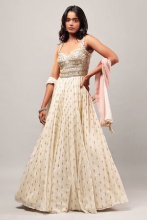 Cream Ivory Long Buti Work Gown Set With...