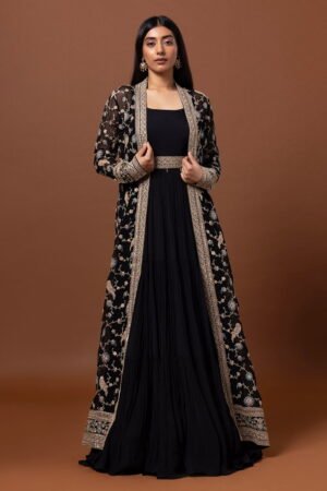 Black Tiered Anarkali Gown Set Paired Wi...