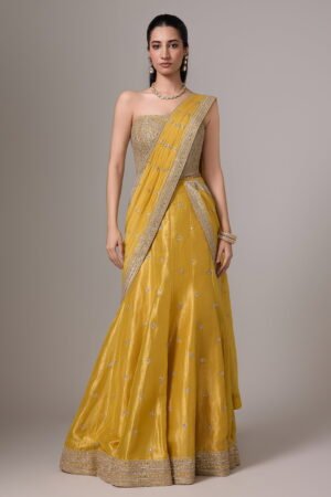 Deep Yellow Pre Stitched Thread Work Sar...