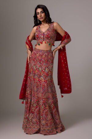 Cherry Red Fish Cut Lehenga Set With All...