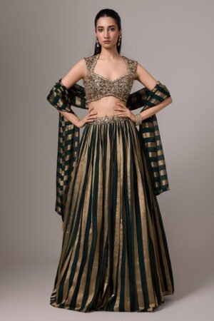 Black Tissue Classic Striped Lehenga Set...