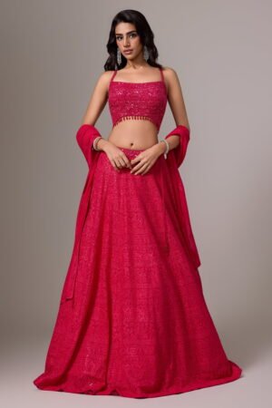 Deep Pink Chikan Cocktail Lehenga Set An...