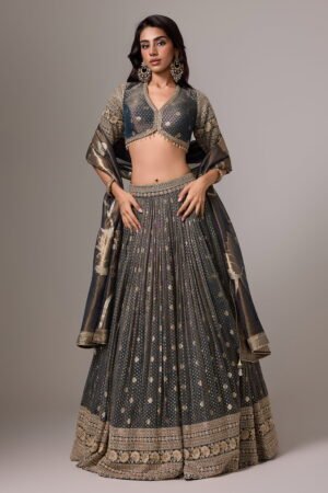 Bluish Grey Buti Work Banarasi Lehenga S...