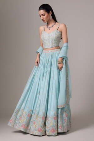 Sky Blue Classic Lehenga Set With Contra...