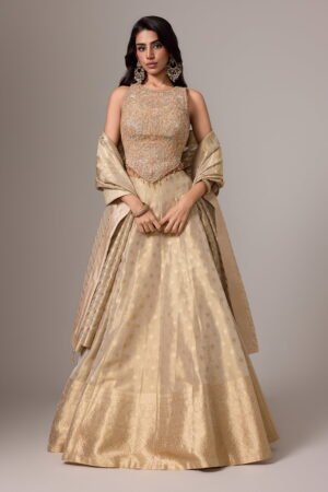 Pale Gold Patterned Tissue Lehenga Set A...